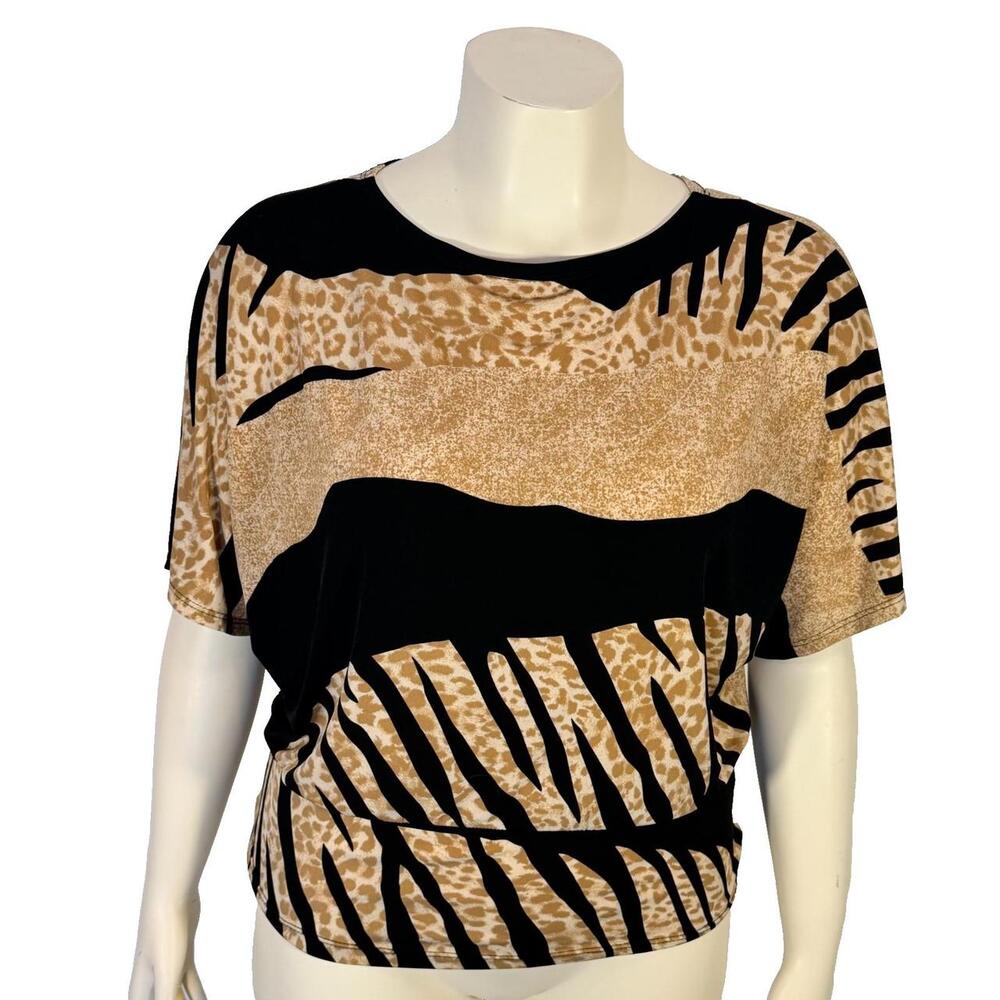 Clara Sun Woo Blouse Women's M Black Tan Abstract Animal Dolman Batwing Sleeve